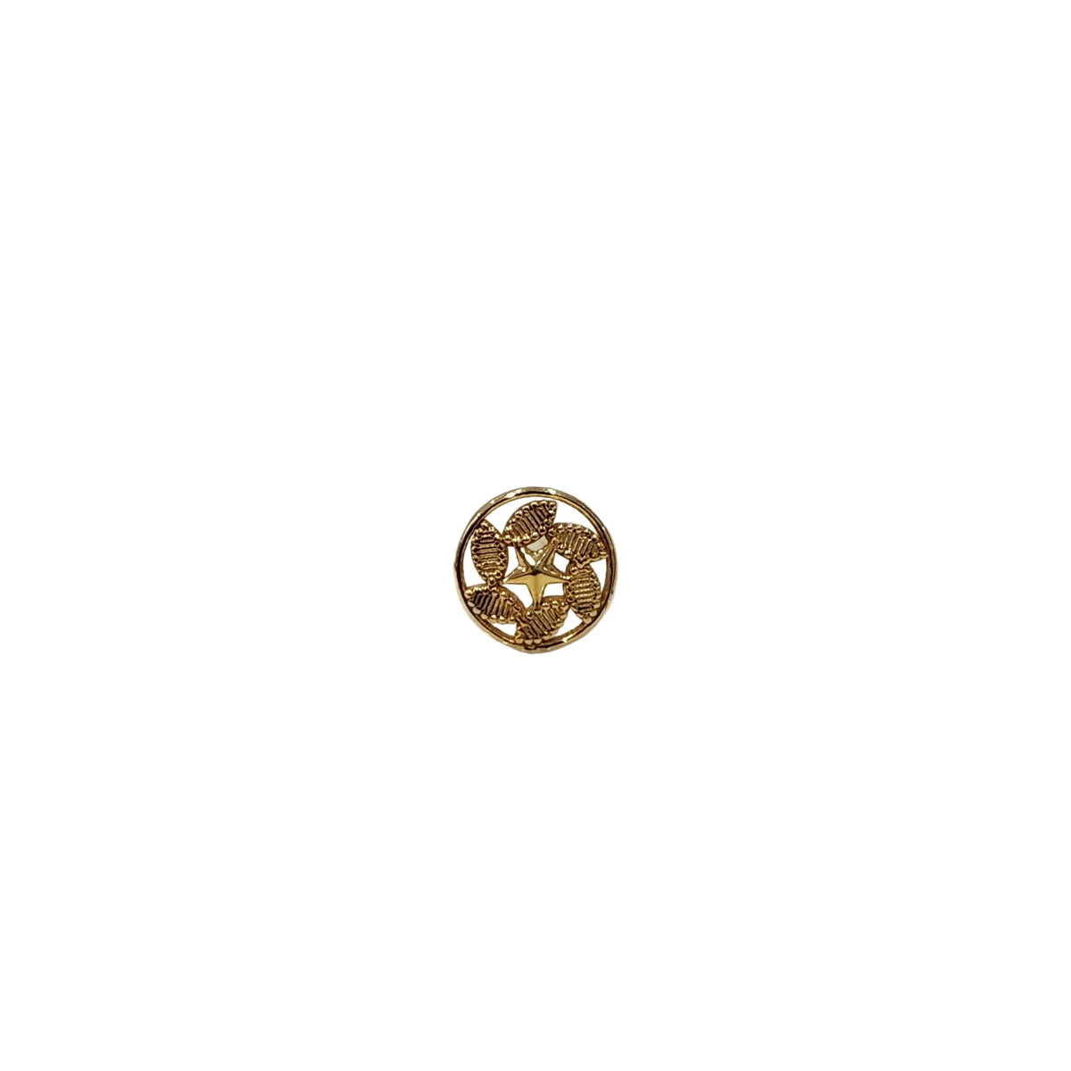 Front view of a round motif 18K gold nose pin on a white background showing its symmetrical design
