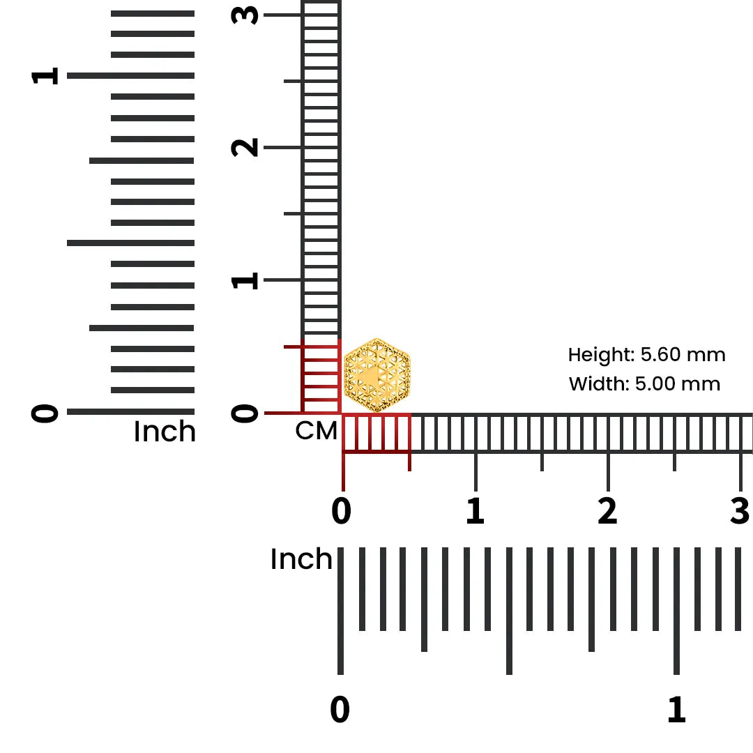 Measurement scale view of hexagon inspired gold nose pin indicating precise size and proportion