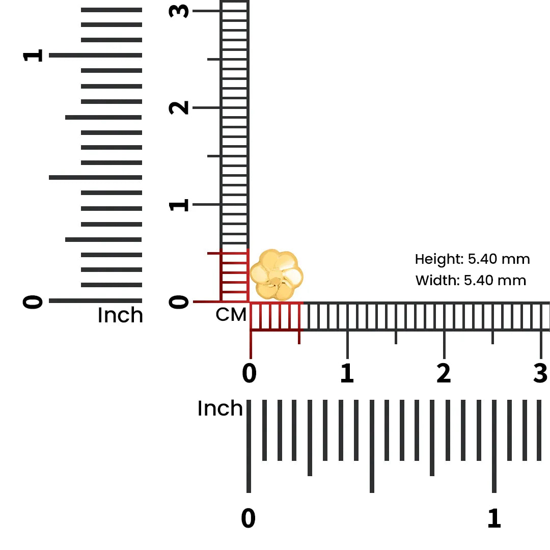 Measurement view of compact 18K gold flower nose pin placed beside a ruler for size clarity