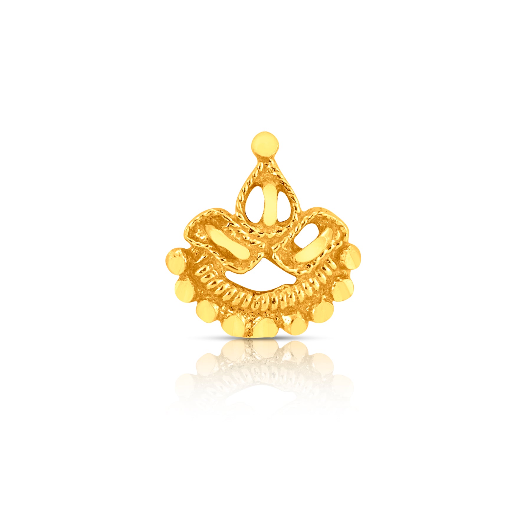 Front view of ornate crescent gold nose pin design with handcrafted beads and elegant structure