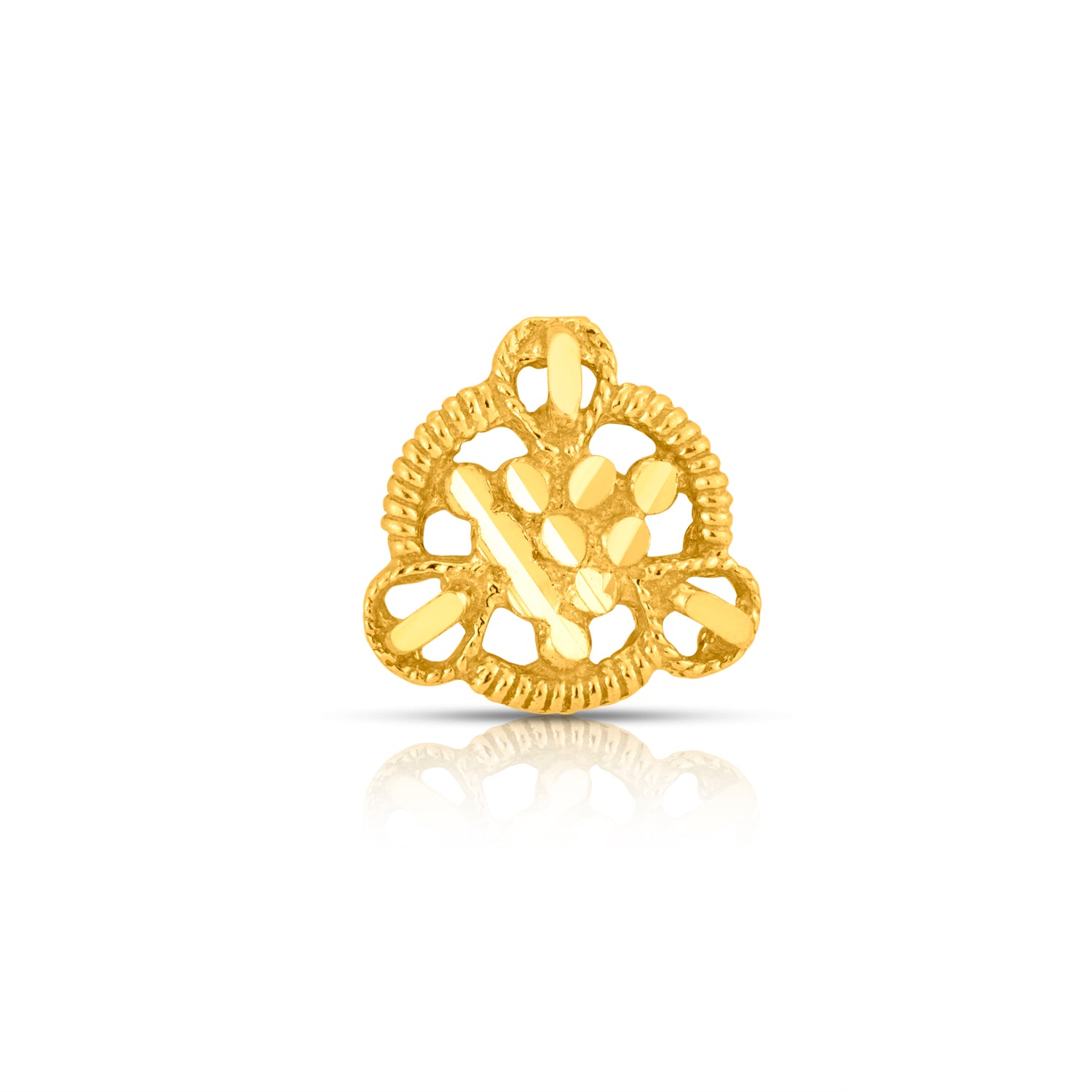 Front view of floral triangle gold nose pin design with elegant indian craftsmanship perfect for ethnic wear