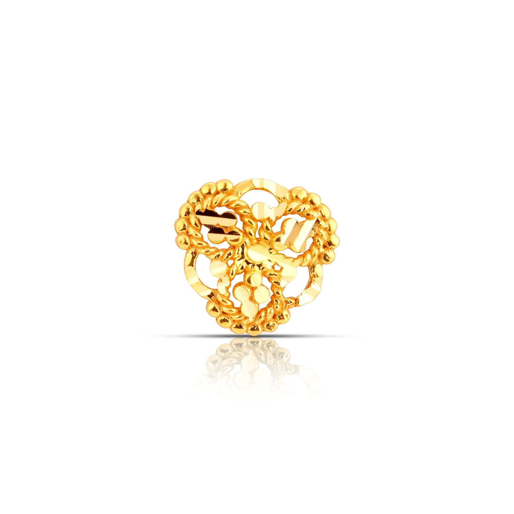 Side profile studio image of floral 18K gold nose pin on a white background highlighting its raised structure
