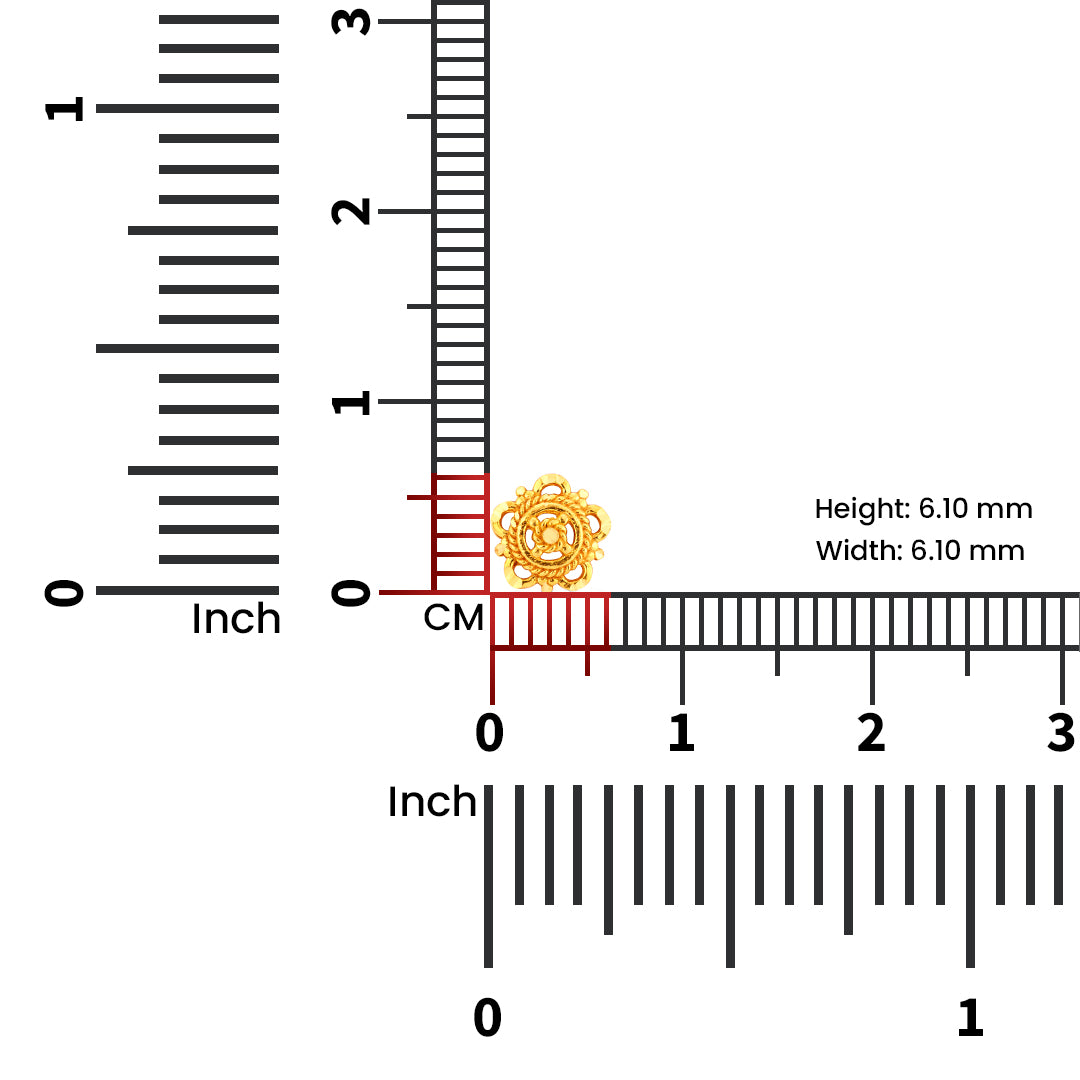 Gold nose pin measured with ruler showing 7 mm size suitable for lightweight traditional jewellery