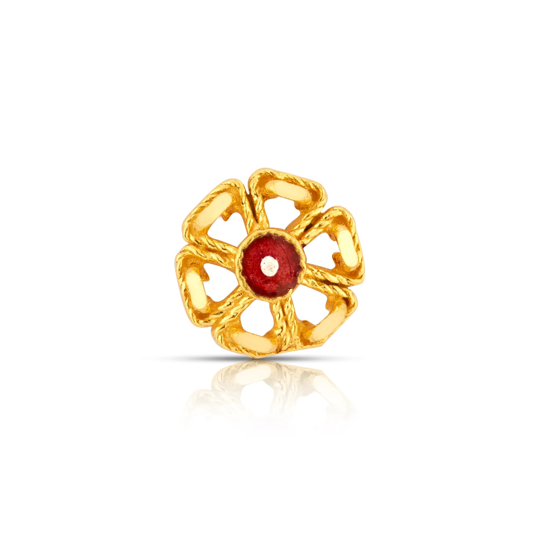 Front view of delicate floral 18K nose pin gold featuring a central red stone highlighting its ornate craftsmanship