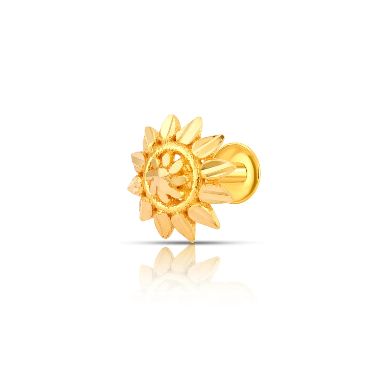 Intricate sun-shaped 18K nose pin gold displayed on a white background highlighting its detailed craftsmanship