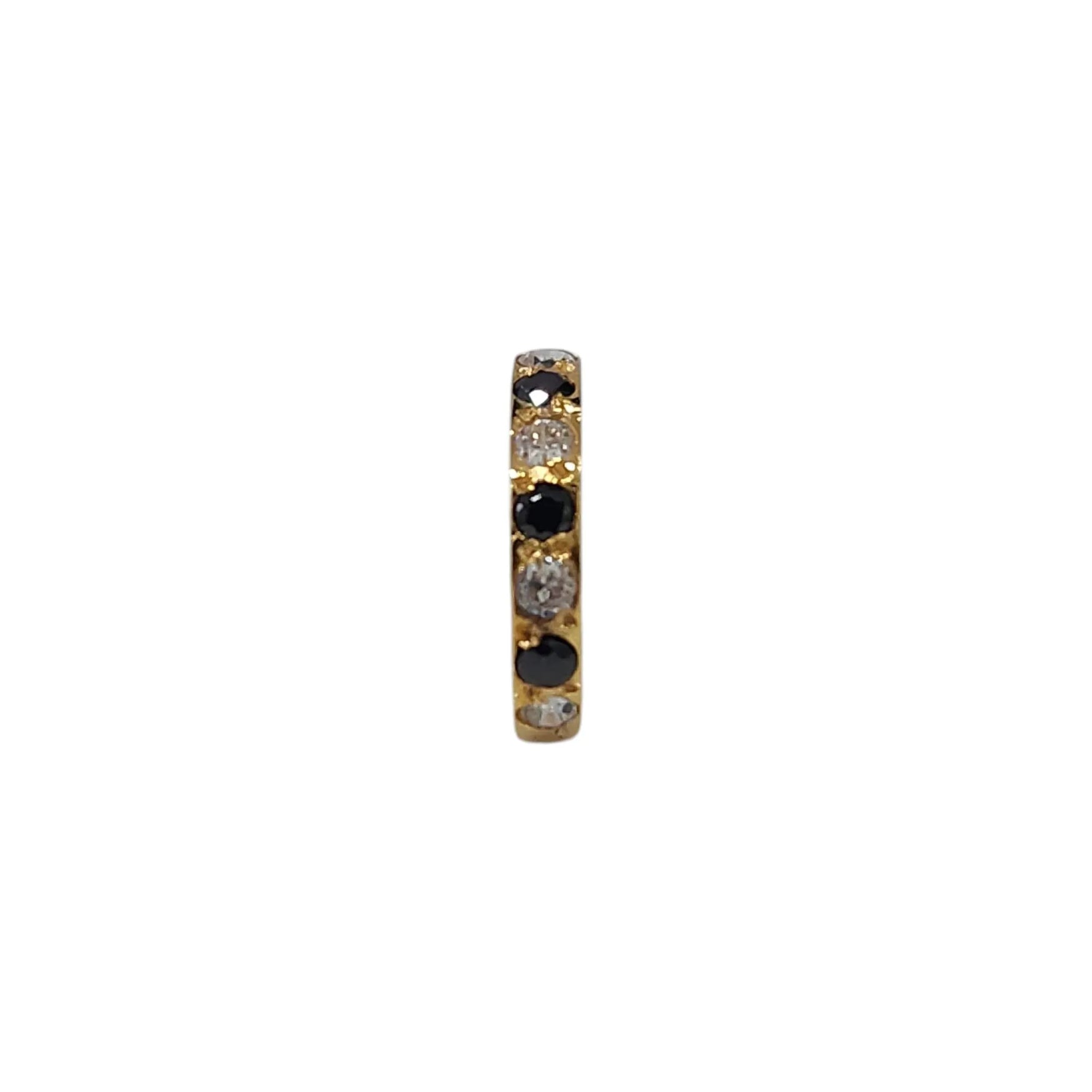 Slim vertical view of the gemstone gold nose ring on a white background emphasizing delicate thickness