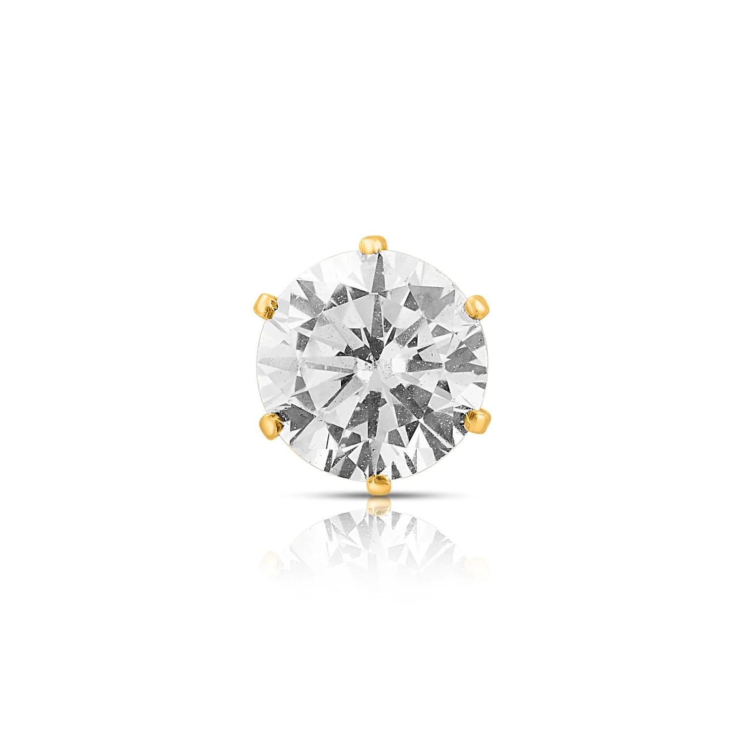 Top view of single white stone gold nose pin highlighting sparkle and symmetry
