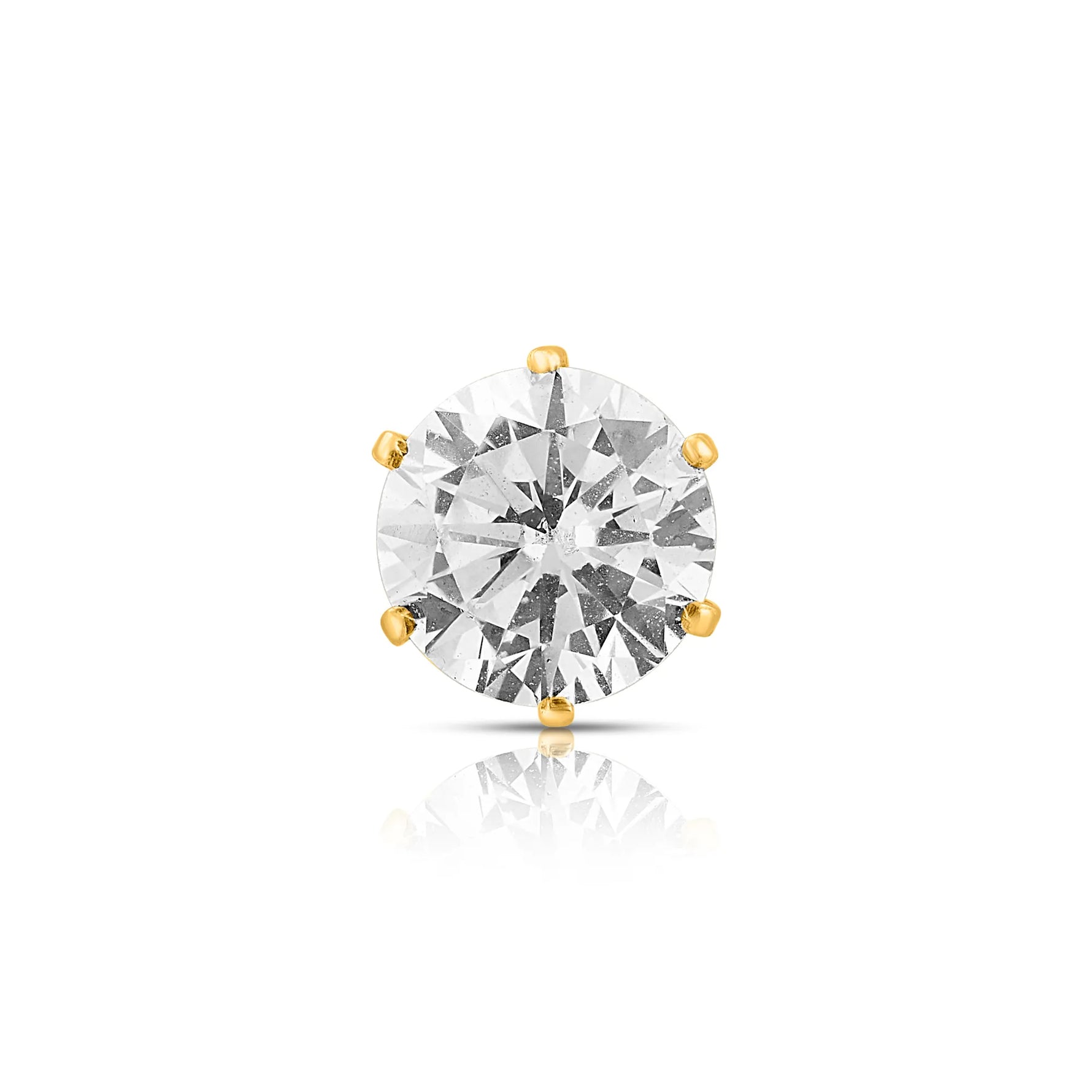 Top view of single white stone gold nose pin highlighting sparkle and symmetry