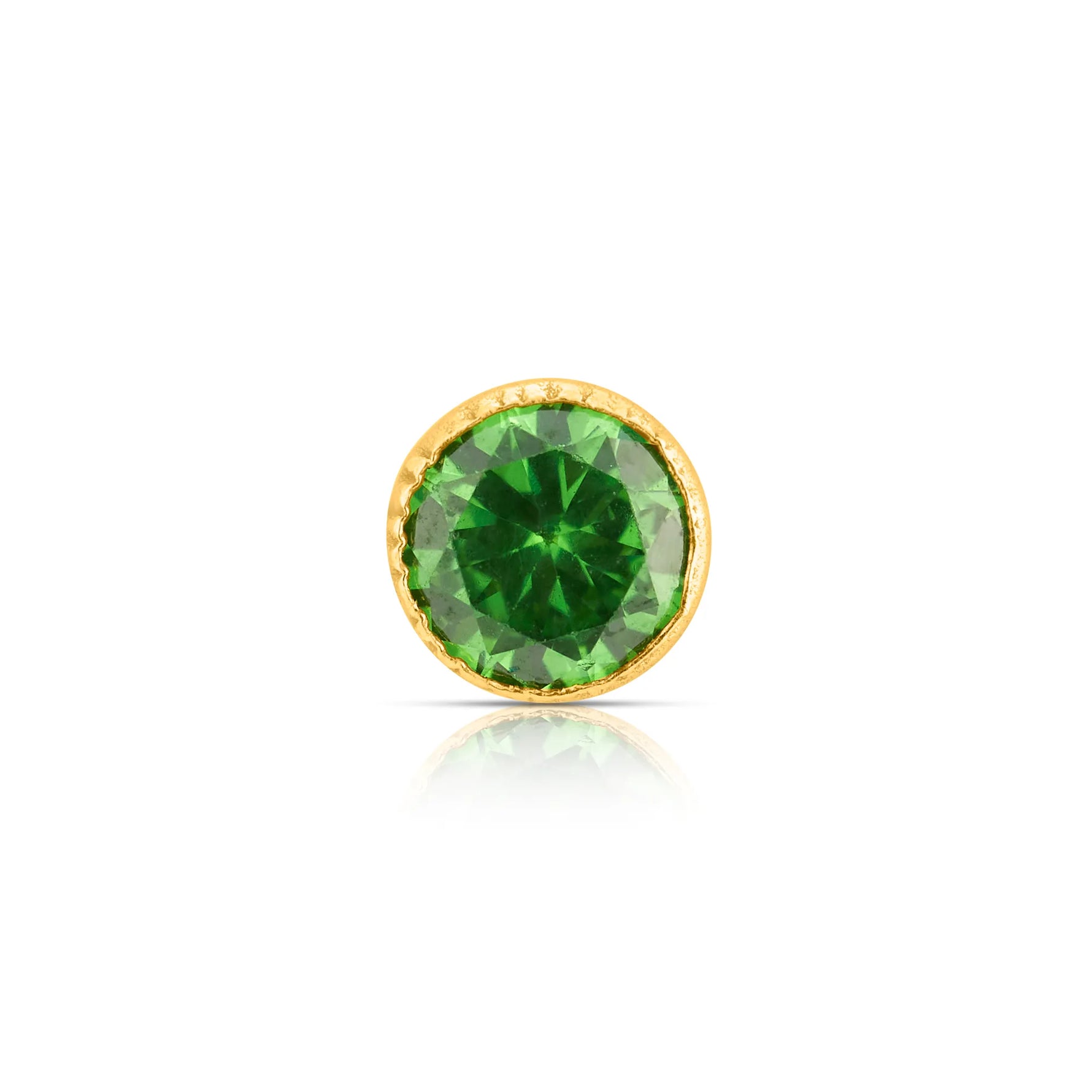Gold stone nose pin with green gemstone front view on white background