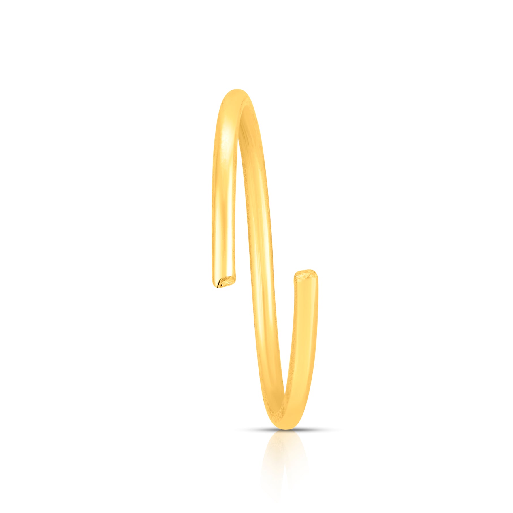 Side profile view of thin 18K gold hoop nose ring showing open clasp design