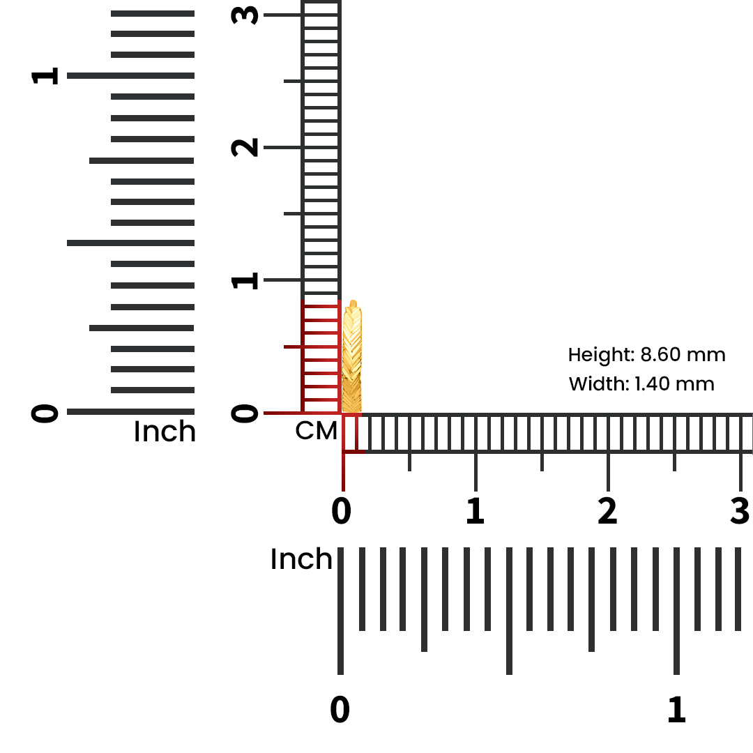 Enigma Weave gold nose pin with size chart showing 8.60 mm height and 1.40 mm width