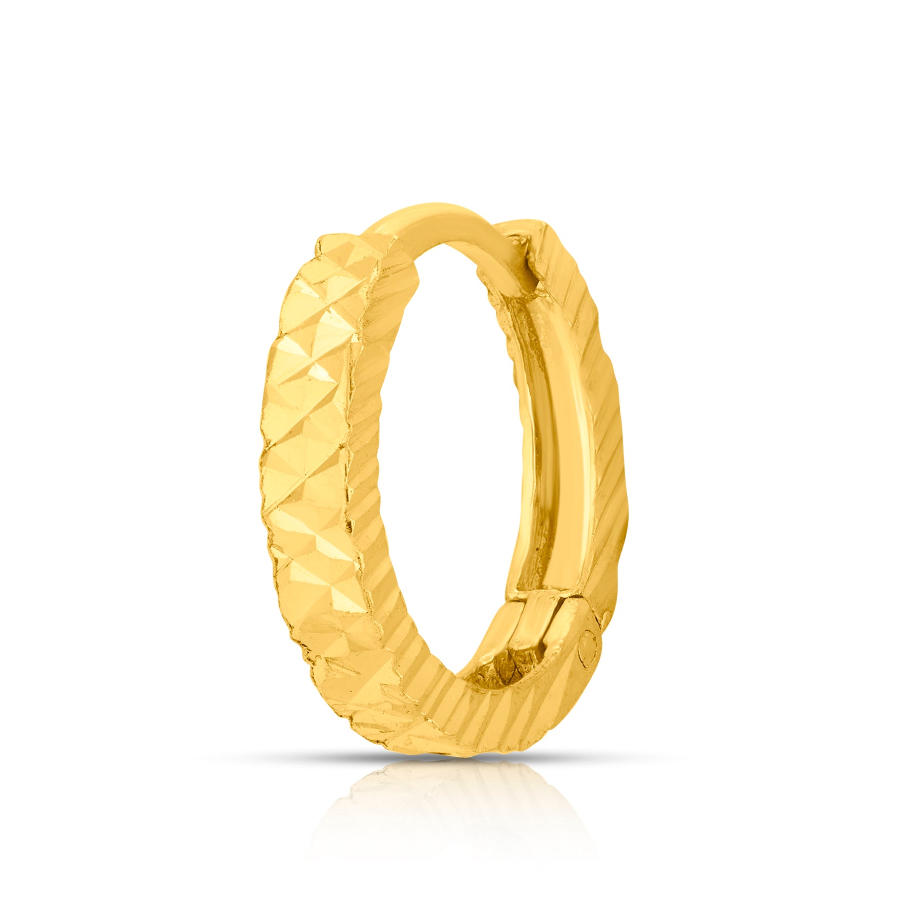 Twist Mosaic gold nose pin in 18K angled view showing detailed geometric mosaic texture and hoop design